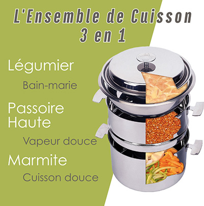 3 cuissons en même temps avec l'Ensemble de Cuisson Baumstal : cuisson douce à basse température dans la marmite en inox. Cuisson à la vapeur douce dans la passoire et bain marie dans le Légumier.