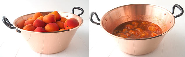 Bassine cuivre confiture abricots avant-apres Préparation d'une confiture d'abricots dans une bassine en cuivre