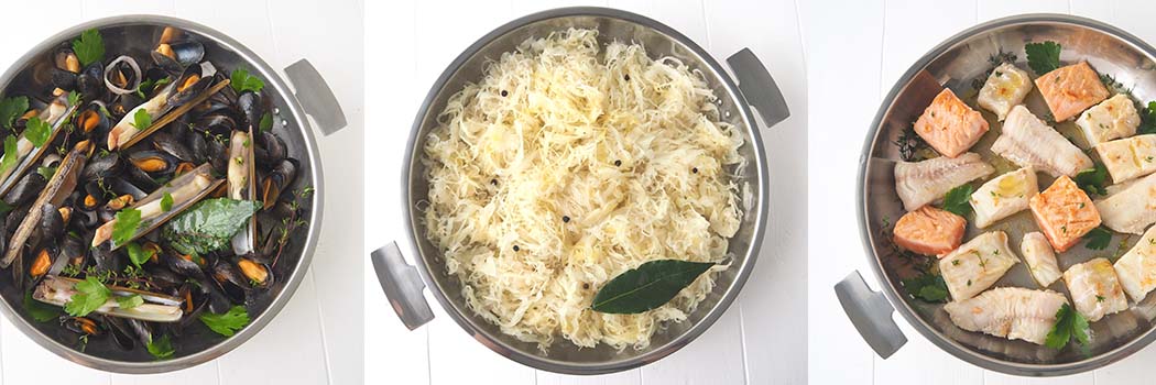 etapes recette choucroute poisson Les différentes étapes de la confection de la choucroute de la mer avec coquillages et poissons