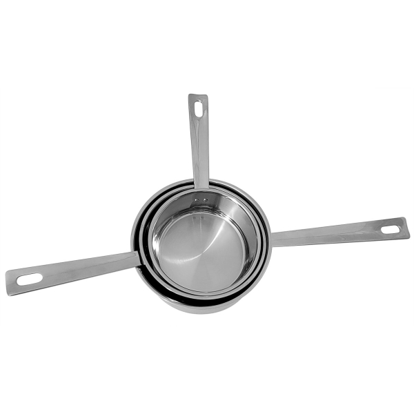 Série de 3 casseroles inox : 14 16 et 18 cm de diamètre. Casseroles emboitées.