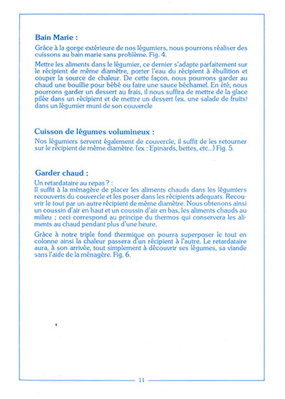 Depuis 50 ans ! Ancienne notice Baumstal - page 11 : bain marie, cuisson de légumes volumineux, garder au chaud