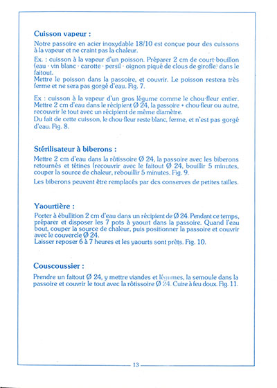 Depuis 50 ans ! Ancienne notice Baumstal - page 13 : cuisson vapeur, stérilisateur biberon, yaourtière, couscoussier