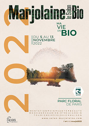 Affiche du salon bio marjolaine qui se déroule du 5 au 13 novembre 2022 à Paris