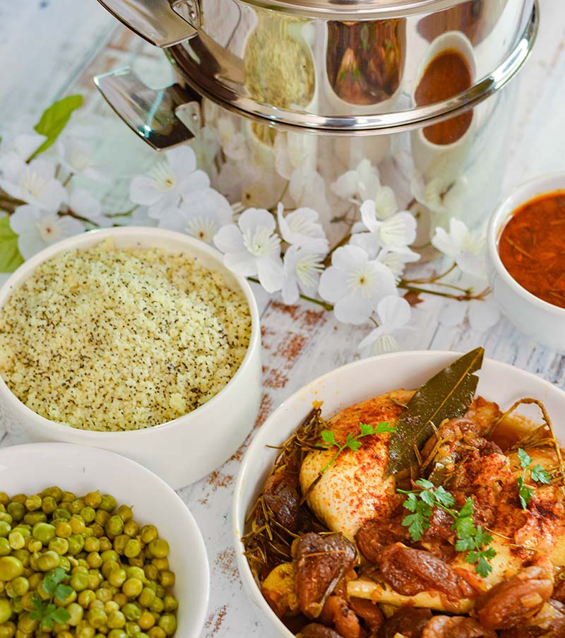 Recette en vidéo de tajine de poulet aux petits pois et figues réalisé par Amandine Geers dans l'Ensemble Cuisson Douce Baumstal.