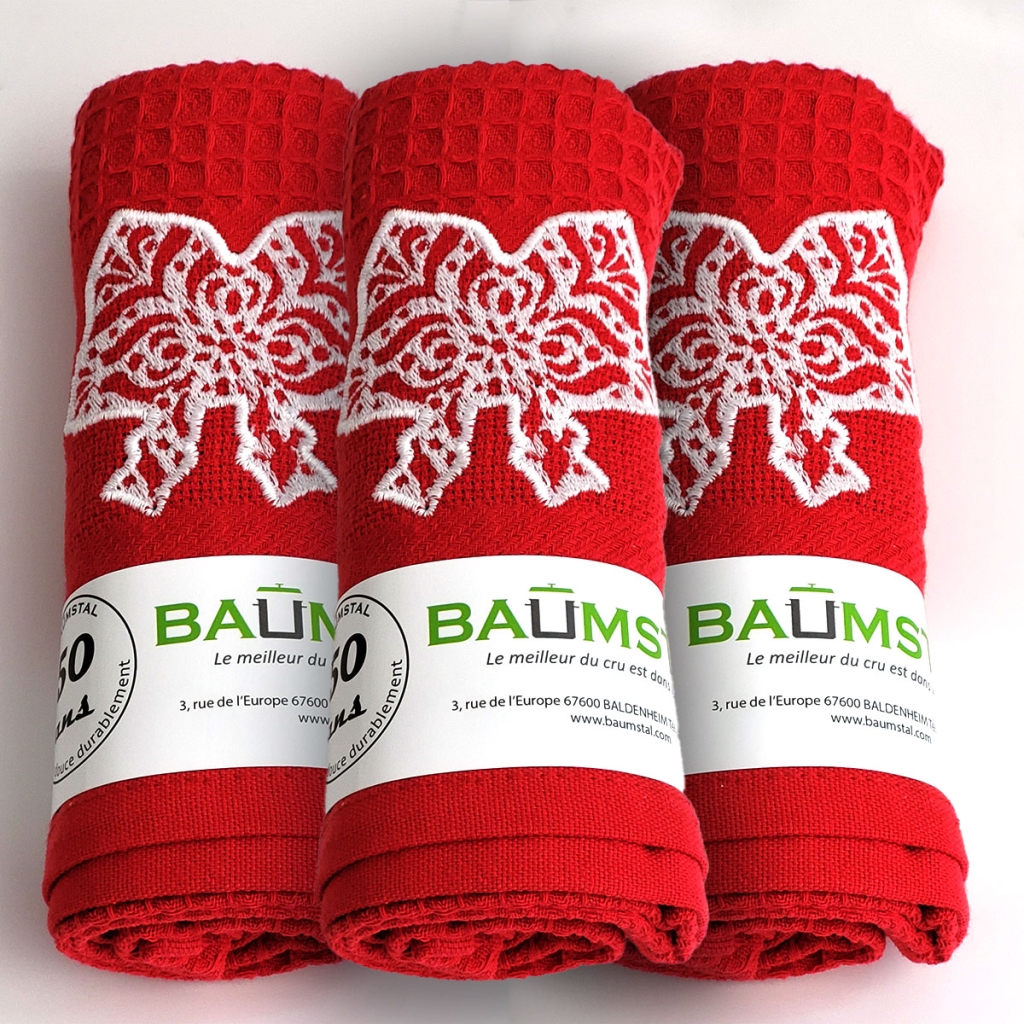 Lot De 3 Torchons Métis 70x55 Cm - Coton & Lin, Crème Avec Broderie Losanges