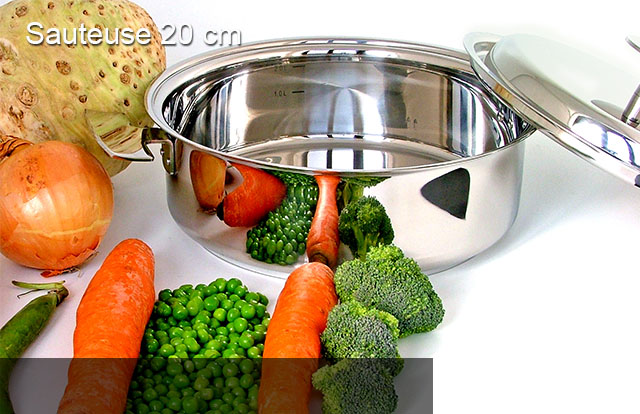 Sauteuse 20 cm Baumstal en inox 18/10 garantie à vie. Pour des cuissons à basse température, des mijotés et des grillades sans matière grasse.