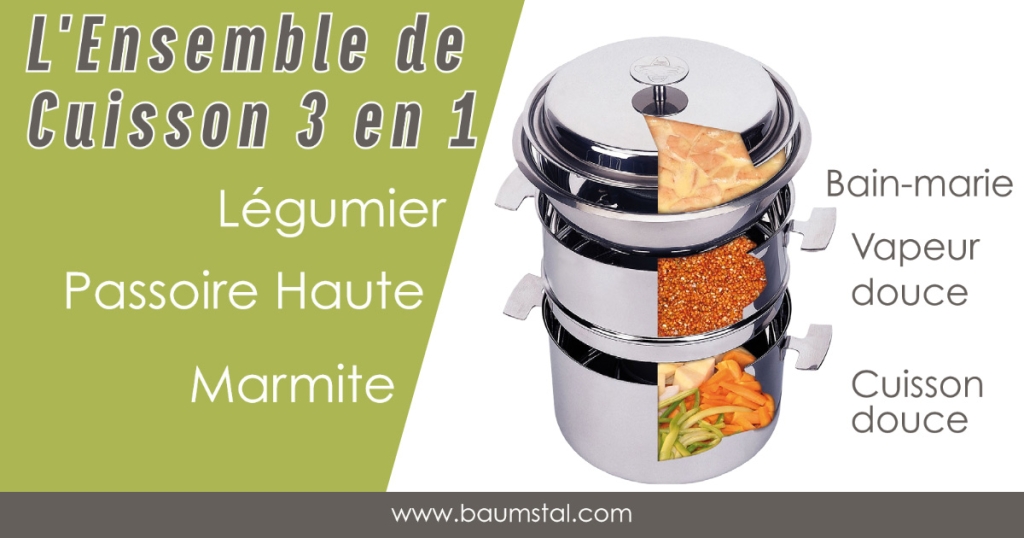 L'Ensemble de Cuisson 3 en 1 Baumstal permet de réaliser 3 cuisson simultanées sur une seule source de chaleur.