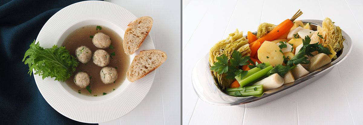 bouillon avec boulettes et plat de présentation avec les légumes du pot au feu