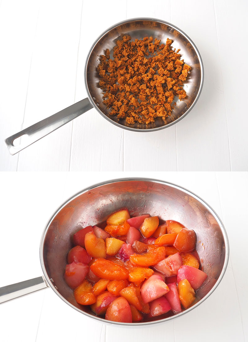 wok fruits ete recette recette de wok de fruits d'ete. Cuisson du crumble dans la poêle et des fruits dans le wok