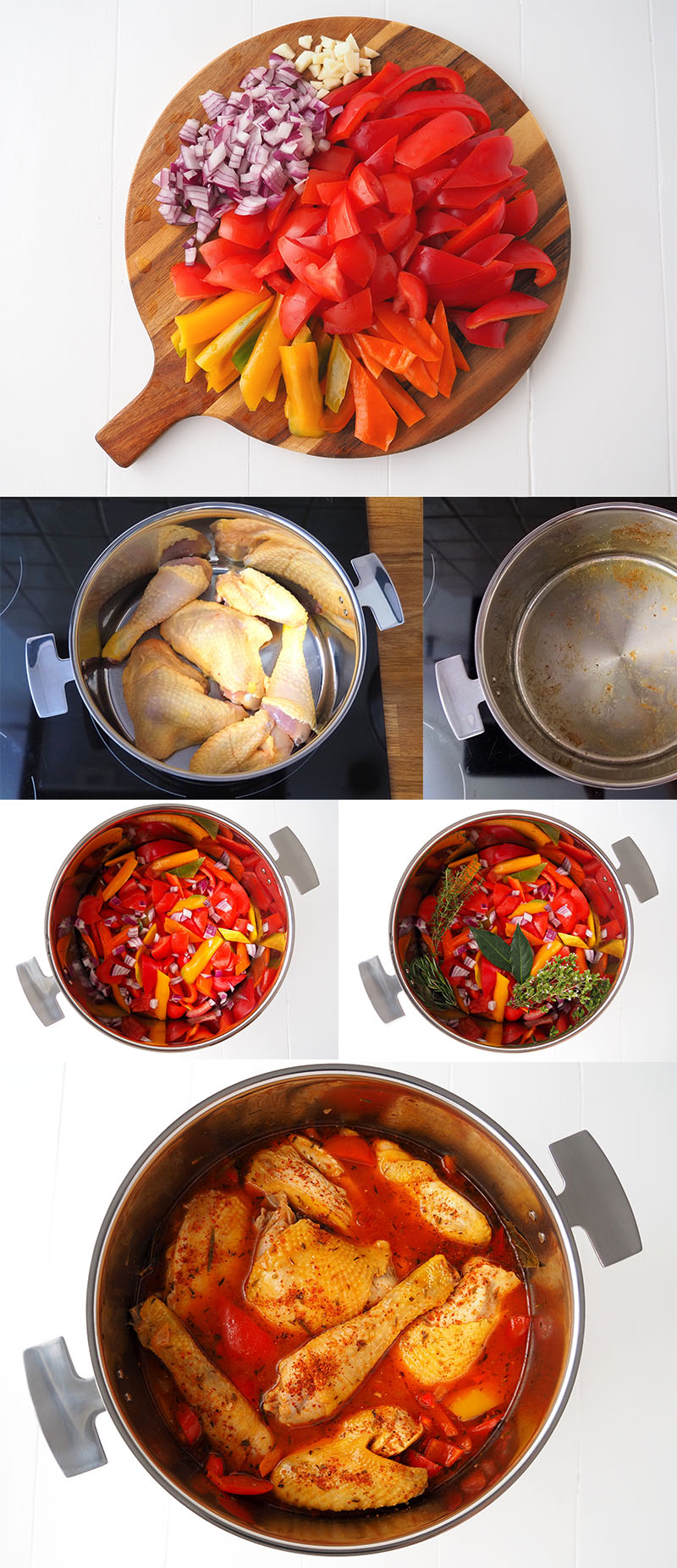 Les étapes de la préparation de la recette du poulet basquaise dans la Cocotte Baumstal