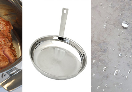Le test de la goutte d'eau permet de vérifier la température avant une grillade de viande sans matière grasse dans une poêle en inox 18/10