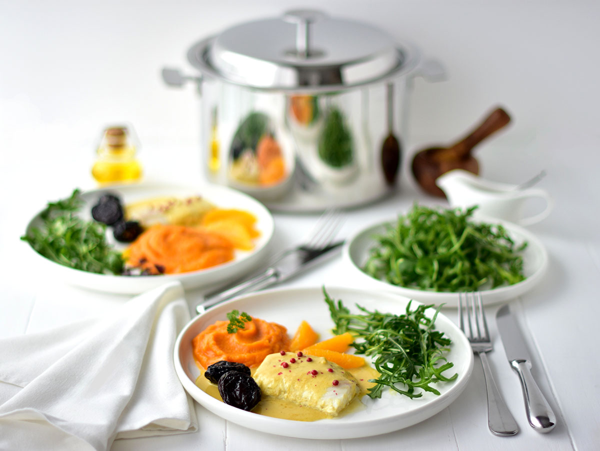 Recette de purée d'hiver avec du cabillaud en cuisson douce.