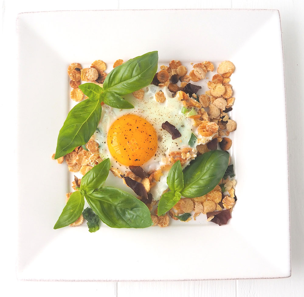 Assiette oeufs sur lit de flocons Œuf au plat sur un lit de céréales