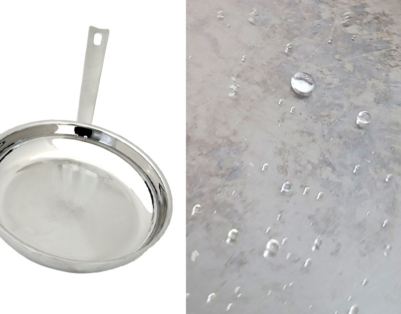 test goutte eau et poele Le test de la goutte d'eau avec une poêle en inox