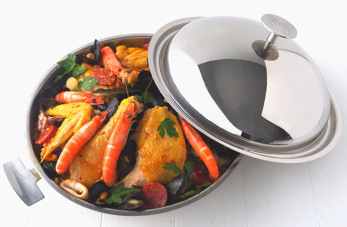 paella couvercle crevettes poulet Poele a paella avec son couvercle en inox